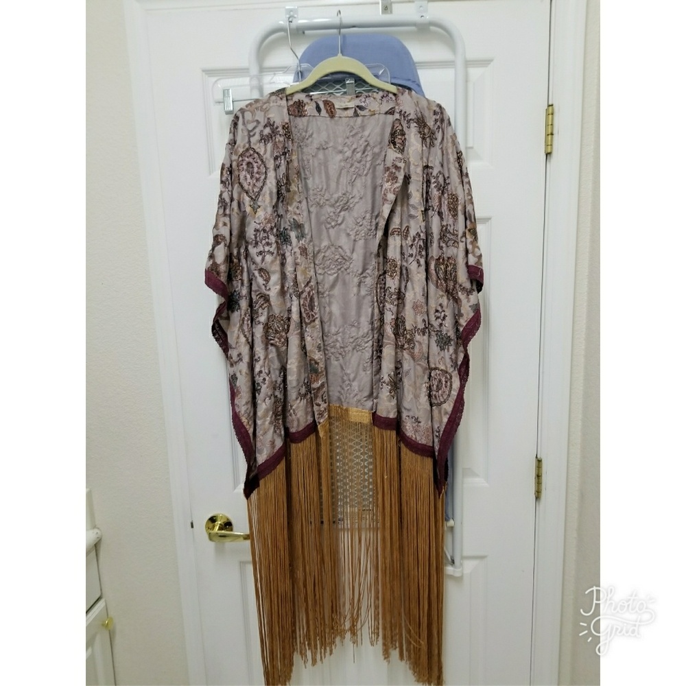 Ecote Taupe Floral Fringe Kimono with Burgundy Trim